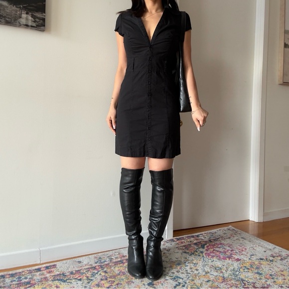 y2k Black office siren core button down knee lenght mini dress - Picture 3 of 6